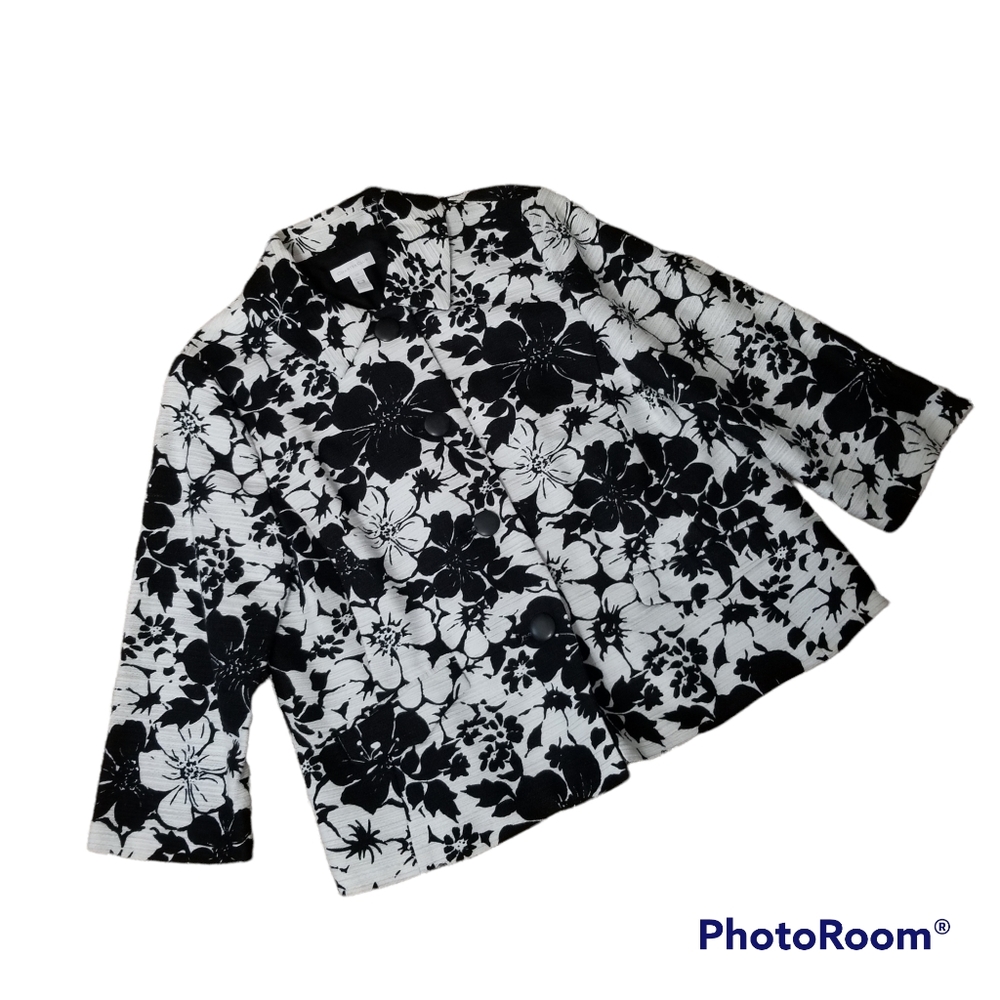 NWOT Charter Club Retro Black White Floral Lined 3/4 Sleeve Blazer. Women 10